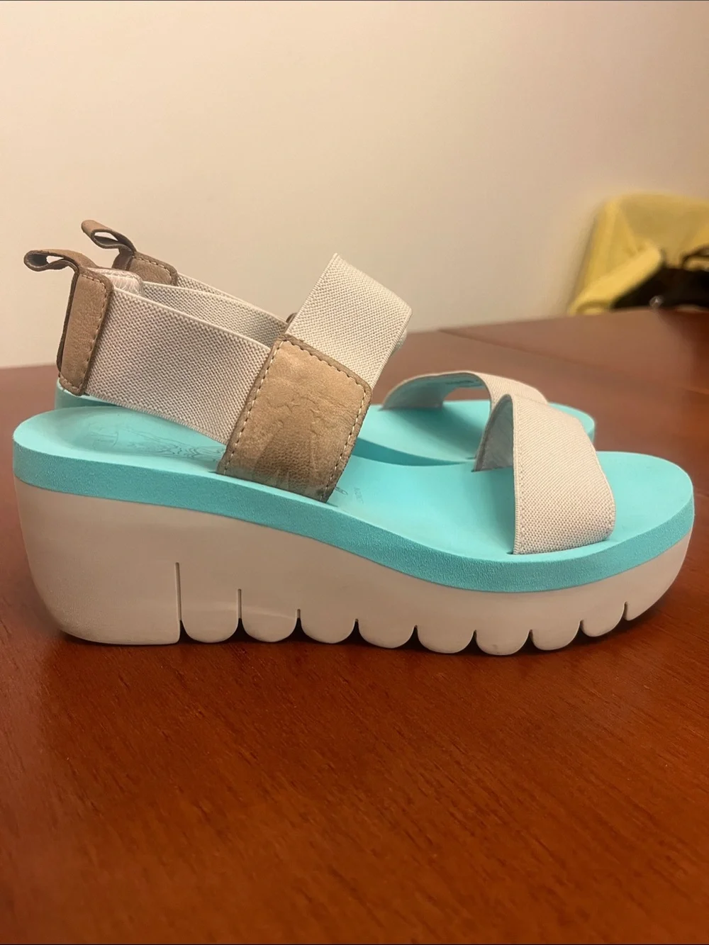Fly London Yaci teal wedge sandals Sz 5